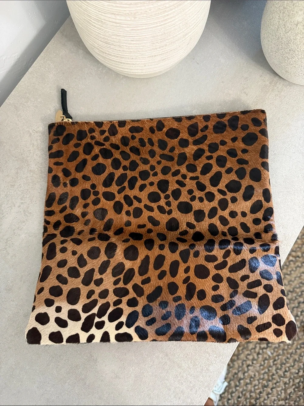 Clare V. Leopard Print Haircalf Zip Pouch Clutch